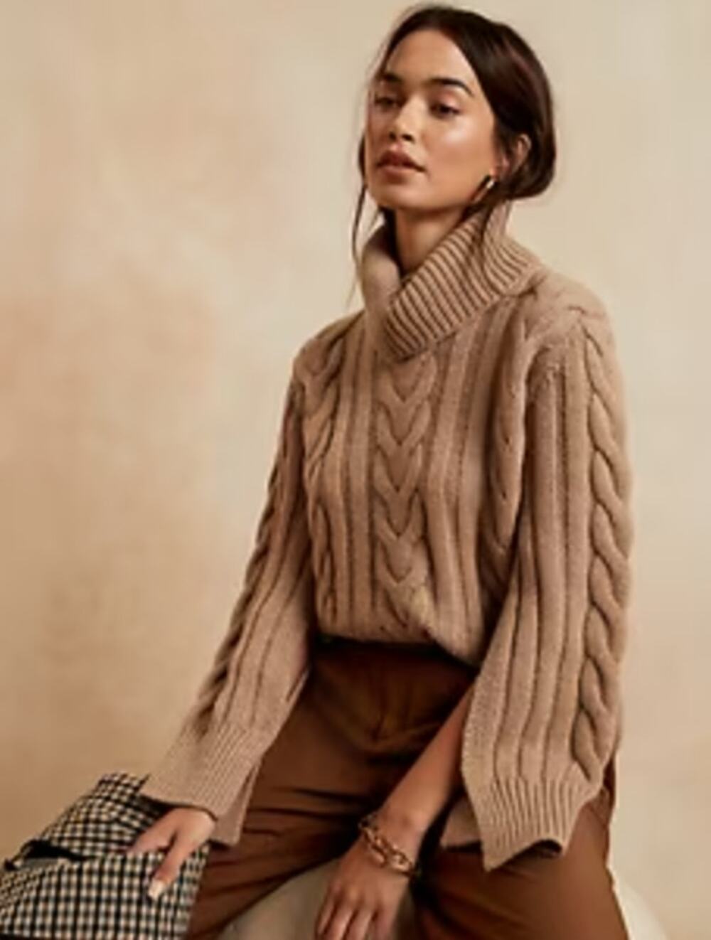 Banana Republic Cable Knit Turtleneck Sweater Wool Cashmere Split Sleeves XL NWT